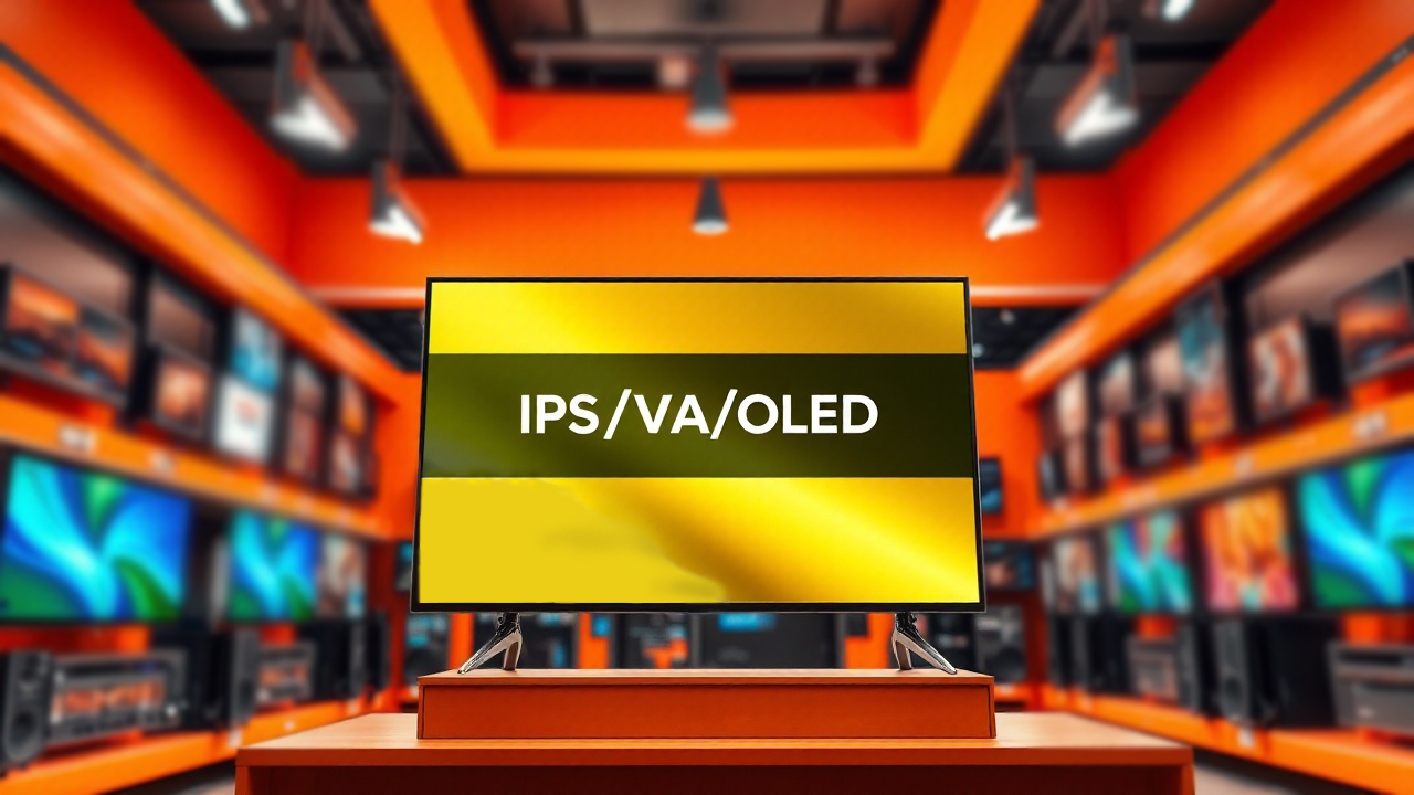 Телевизор с отображением разновидностей матриц монитора: IPS, VA, OLED. На столе в магазине Steelsmart.shop