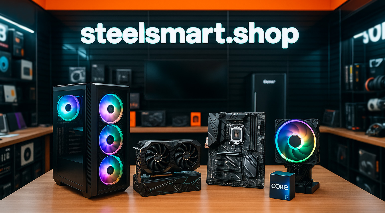 Комплектующие для компьютера на столе в магазине: Steelsmart.shop