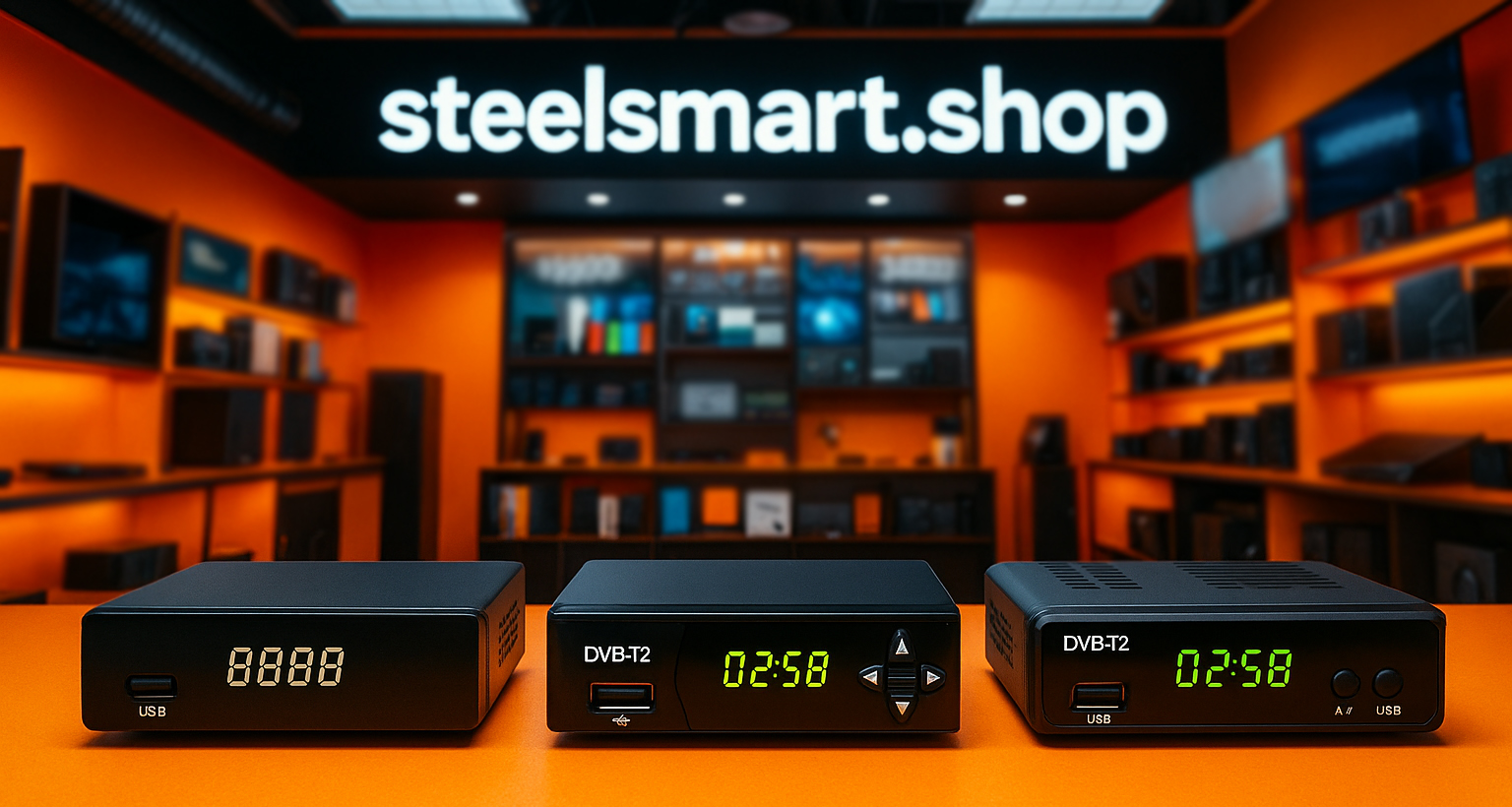 Цифровые ресиверы на столе в магазине: Steelsmart.shop