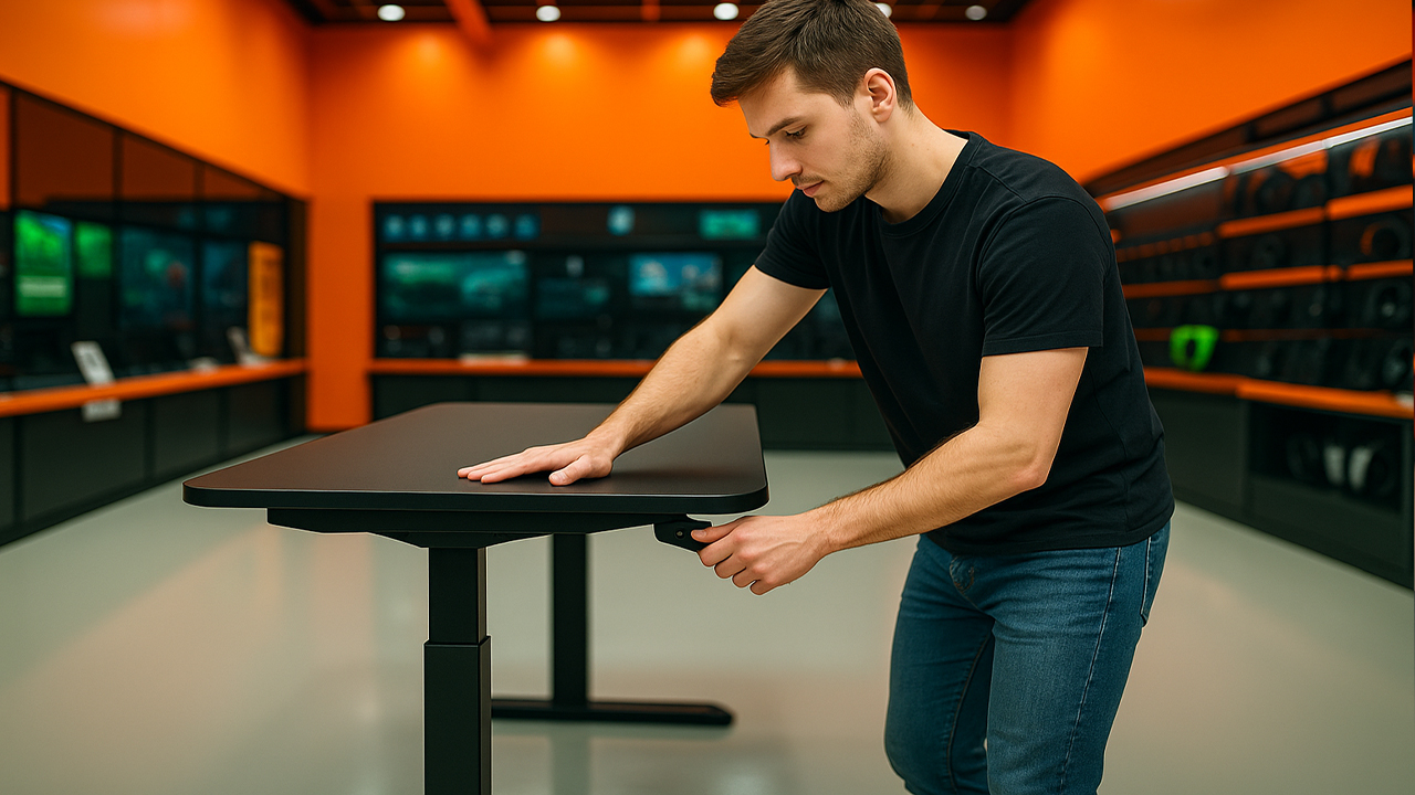 Мужчина регулирует высоту игрового стола в магазине Steelsmart.shop