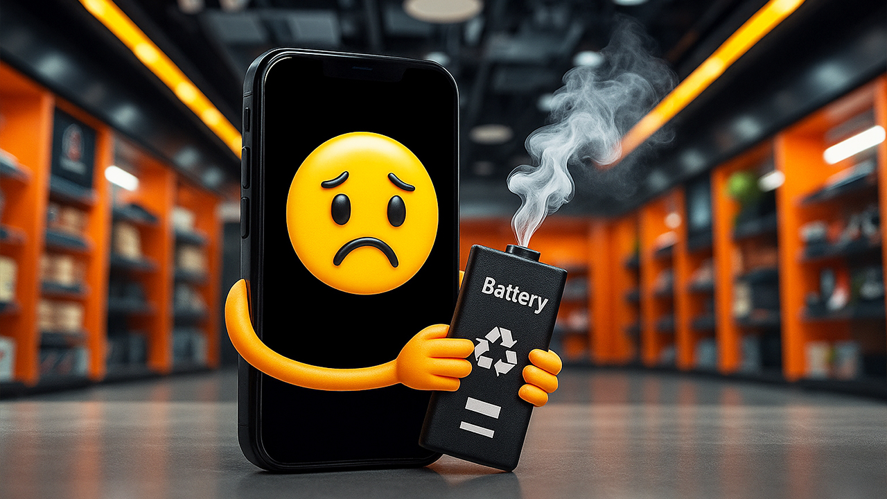 Смартфон держит дымящийся аккумулятор