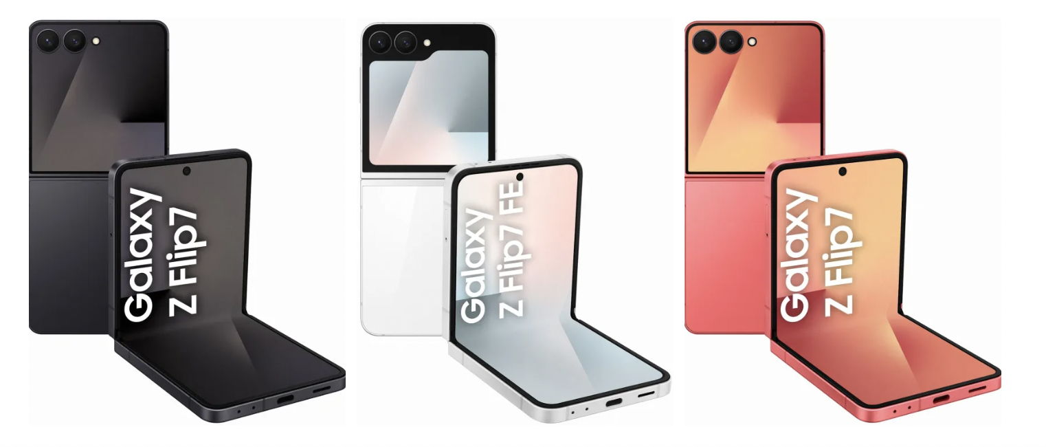 Складной смартфон Samsung Galaxy Z Flip 7 в трех цветах на белом фоне.