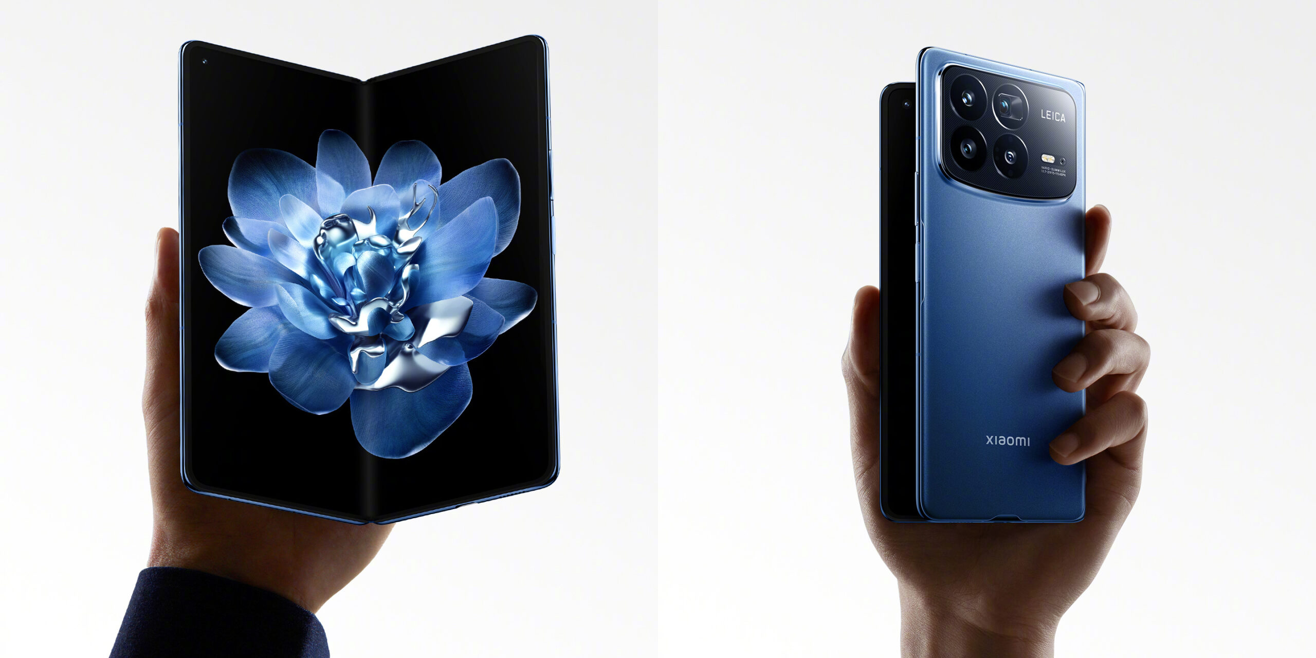 Складной смартфон Xiaomi MIX Fold 4 в разложенном и закрытом виде на белом фоне.