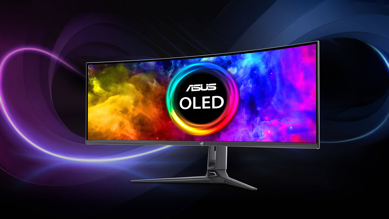 OLED-монитор Asus на темном фоне с абстракцией на экране.
