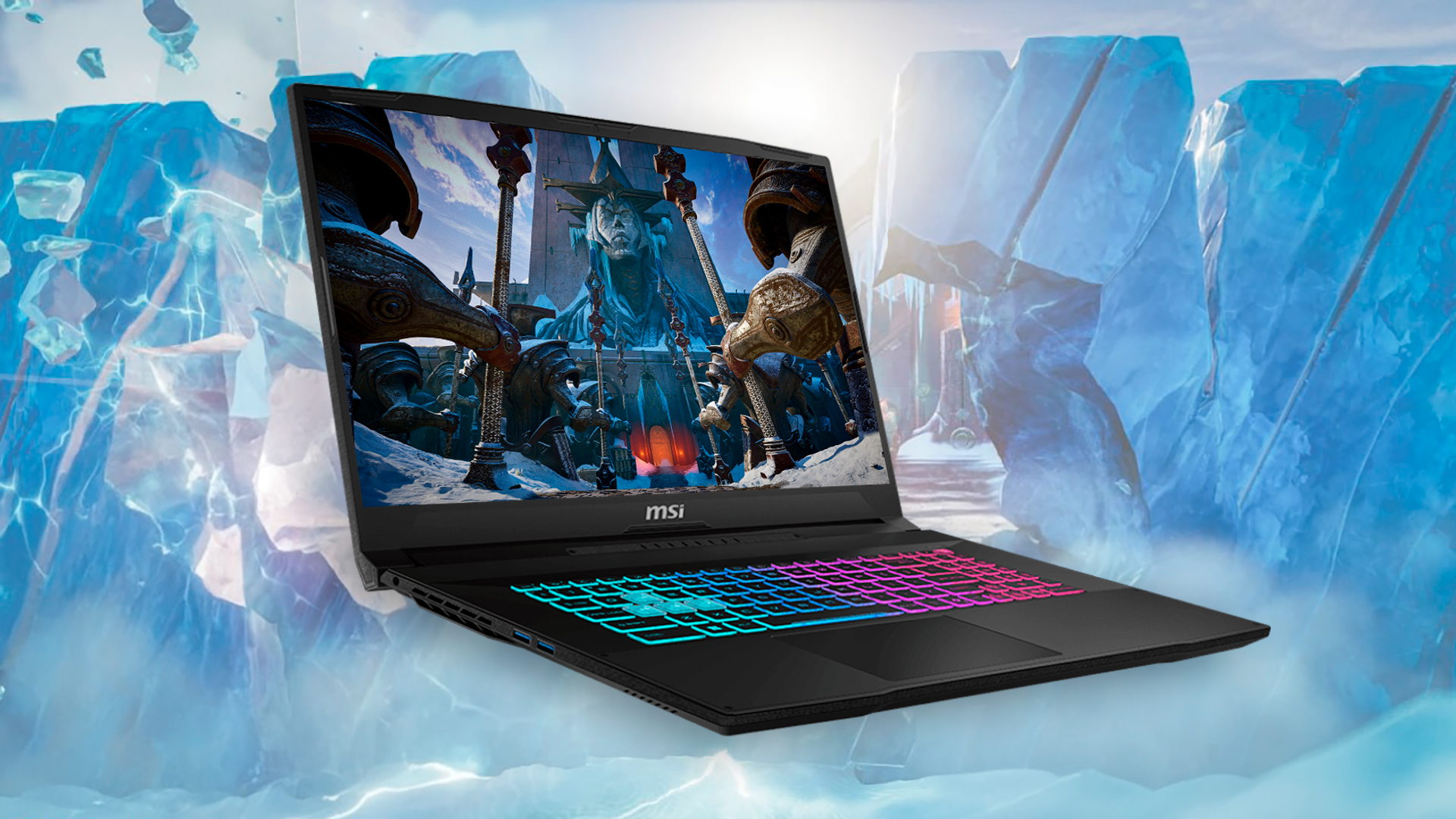 Игровой ноутбук MSI-Katana-17-HX на абстрактном фоне.