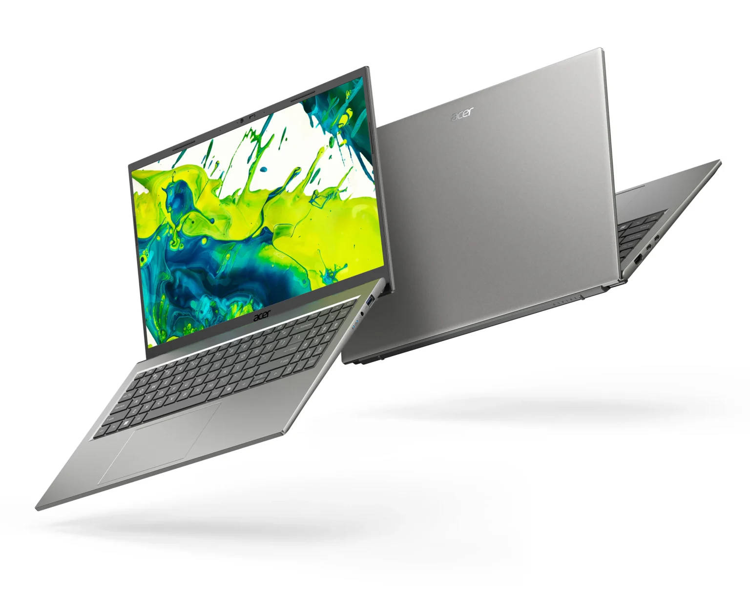Ноутбук Acer Aspire Go 15 с абстракцией на экране изображен  на белом фоне 