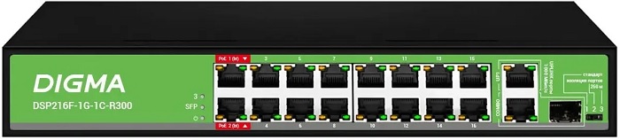 Коммутатор Digma DSP216F-1G-1C-R300; 17xRJ-45(16xPOE); 10/100/1000 Мбит/сек;