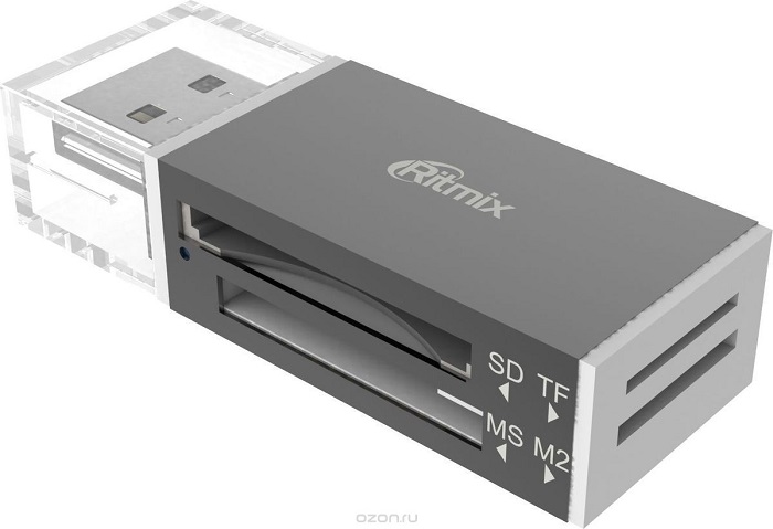 Карт-ридер USB Ritmix CR-2042 Silver; microSD,SD,M2,MS;