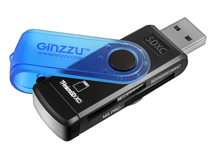 Карт-ридер USB Ginzzu GR-412B; microSD,SD,M2,MS,MMC; черный/синий