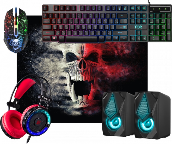 Комплект клавиатура+мышь+коврик+гарнитура+колонки Defender MHP-127 (52127); черный