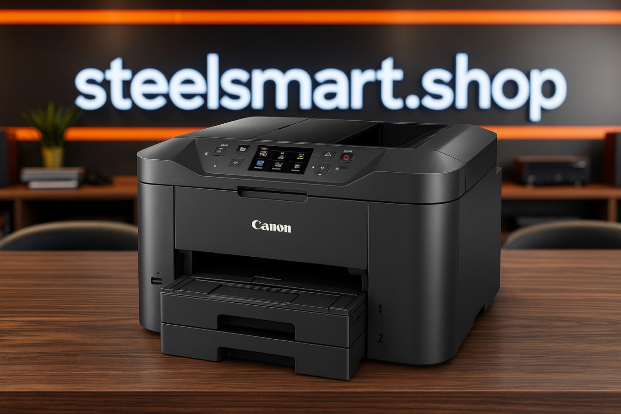 Черный МФУ Canon на оранжевом фоне