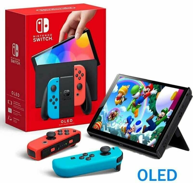 Портативная консоль Nintendo Switch Oled с яркими контроллерами и упаковкой на заднем фоне