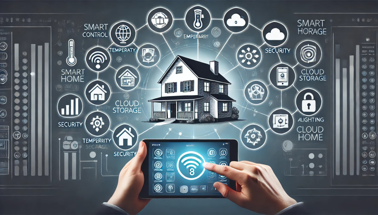 Стильное схематичное изображение умного дома, которым управляют с планшета.