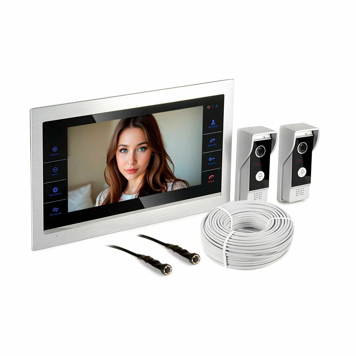 Проводной видеодомофон белого цвета с изображением девушки на экране.