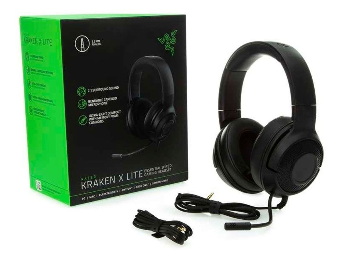 Крутые игровые наушники Razer Kraken X Lite изображены на белом фоне рядом с упаковкой