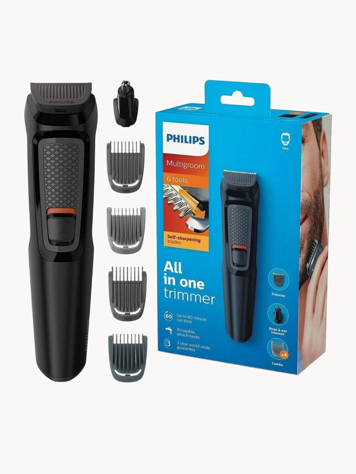 триммер Philips MG3710/15 на белом фоне со всеми необходимыми для работы насадками